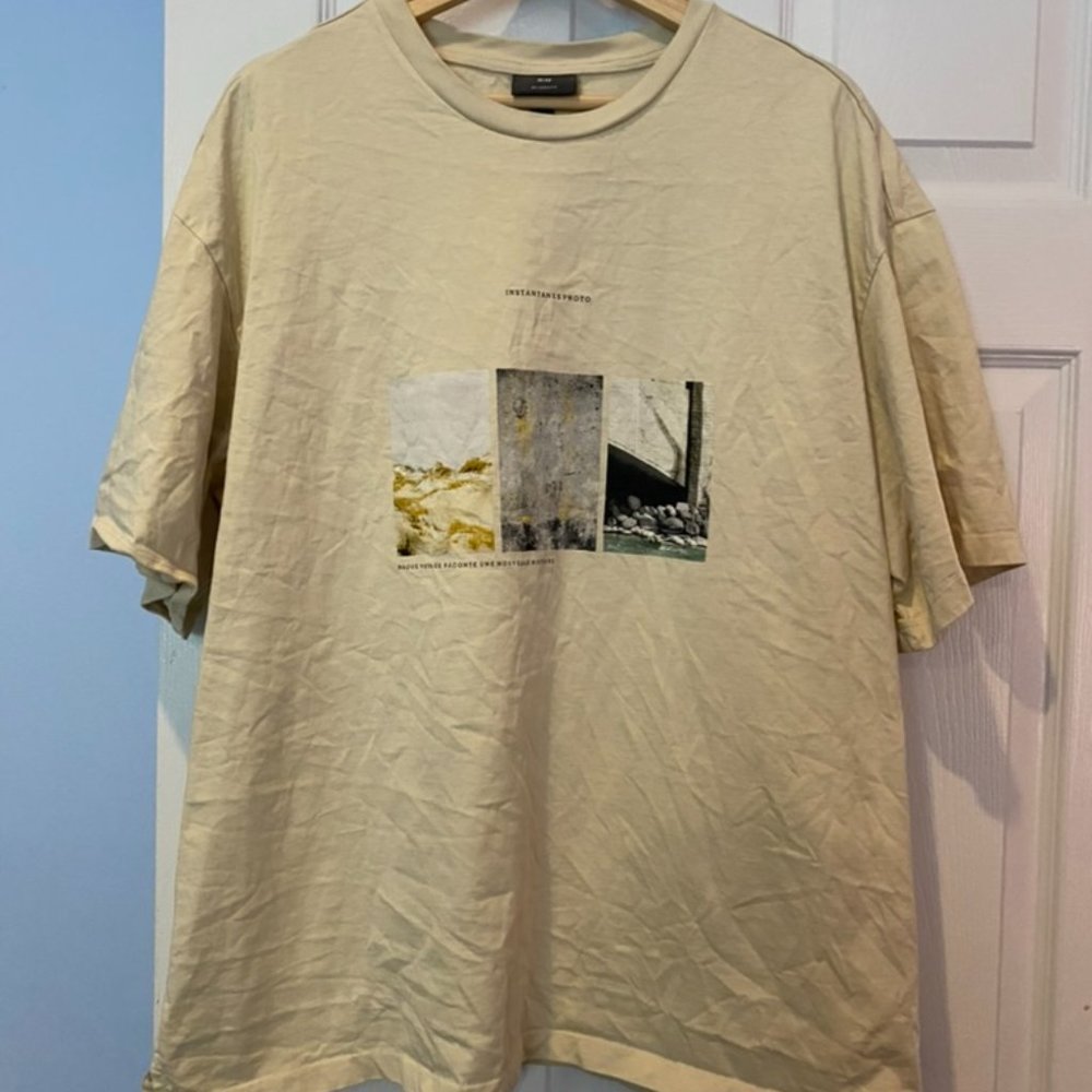 H&M Beige French Text Photography Short Sleeve T-Shirt
